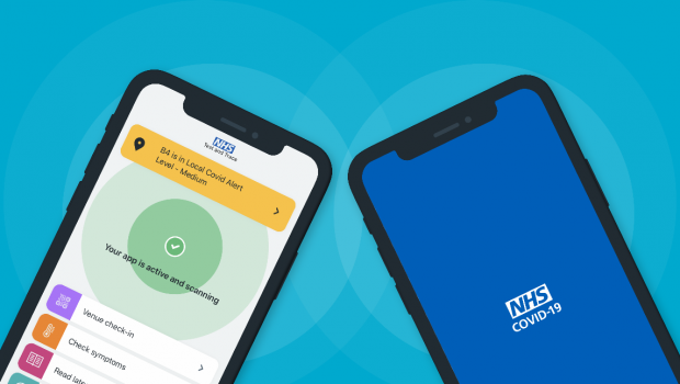 A photo of two mobile phones with images of the NHS COVID 19 app.